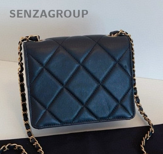 Chanel 22A Classic Flap Calfskin Diamond Chain Crossbody Black Gold Women