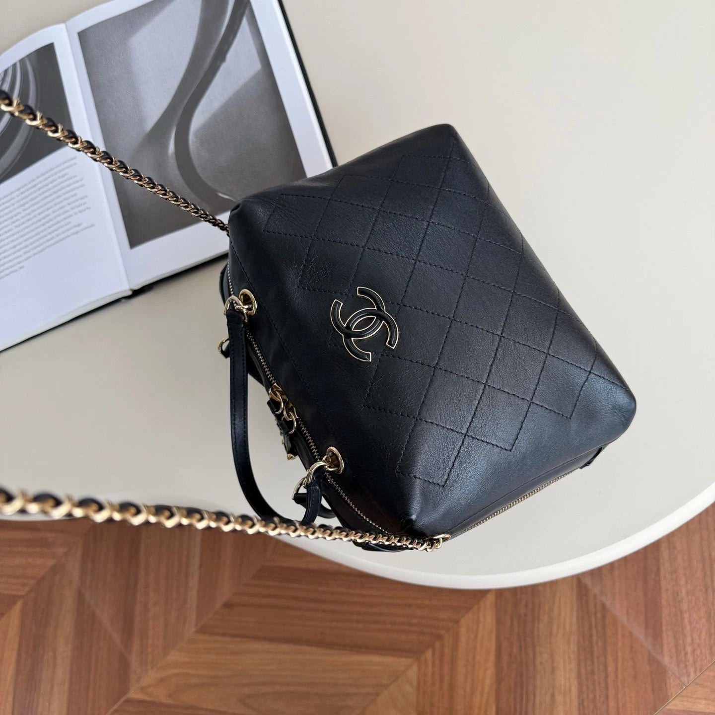 Chanel Bowling Calfskin Top Handle Chain Crossbody Black Gold Classic Women