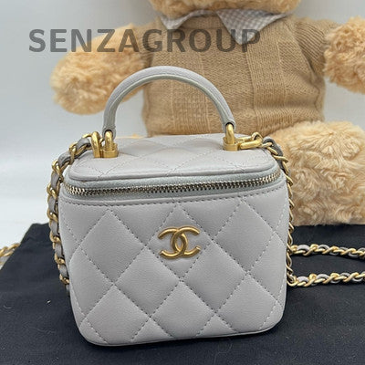 Chanel Classic Gray Gold Quilted Box Bag Chain Strap Shoulder Crossbody
