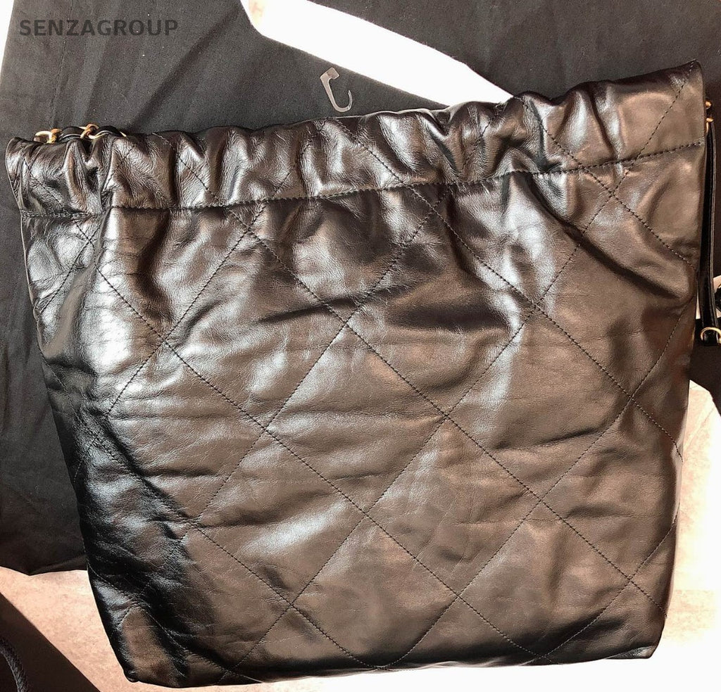 Chanel 22Bag MM Chain Shoulder Bag Diamond Black Gold Women Classic Designer