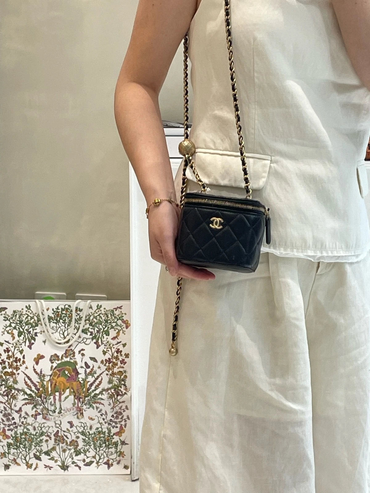 CHANEL Black Lambskin Gold Ball Mini Box Crossbody Bag For Women