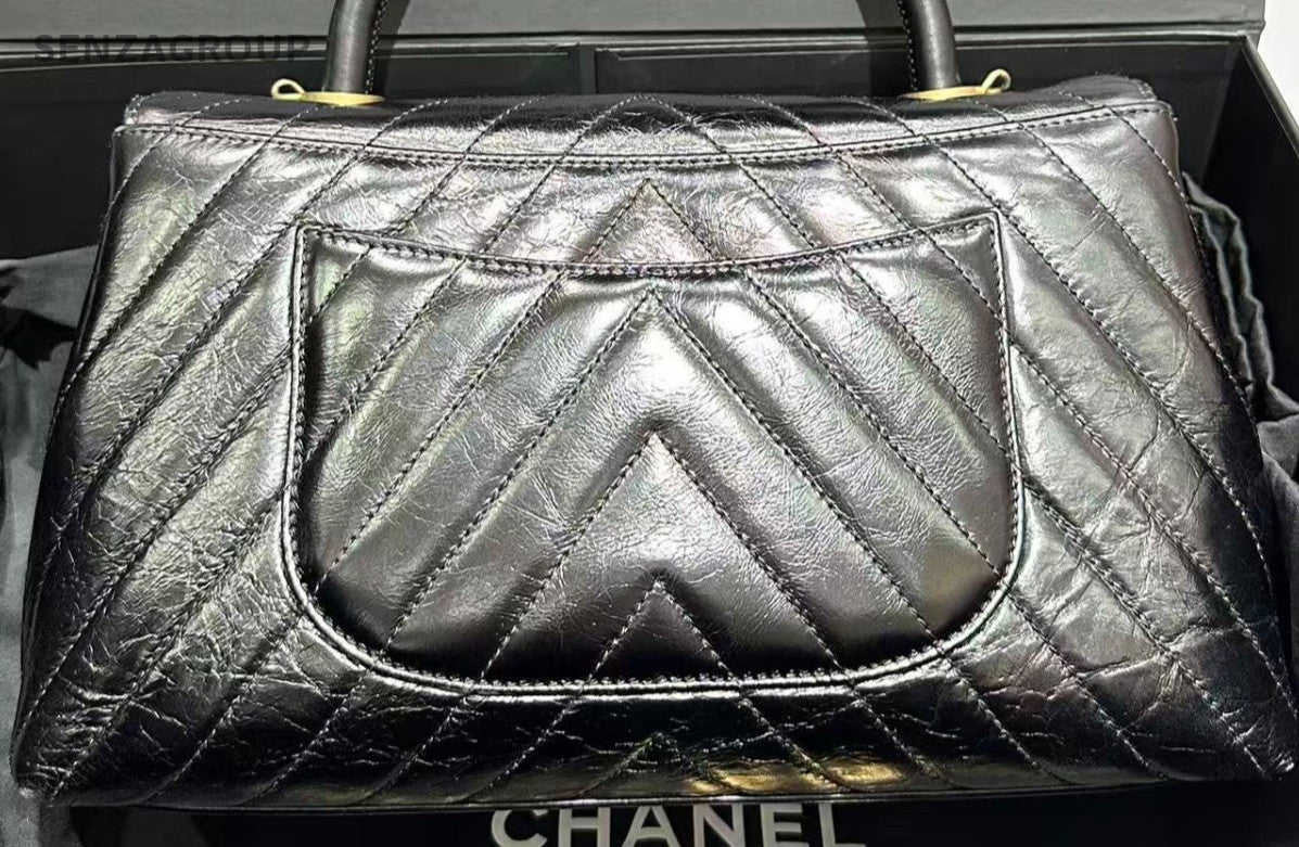 Chanel Cocohandle MM Calfskin Top Handle Bag Chain Crossbody Black Gold Women