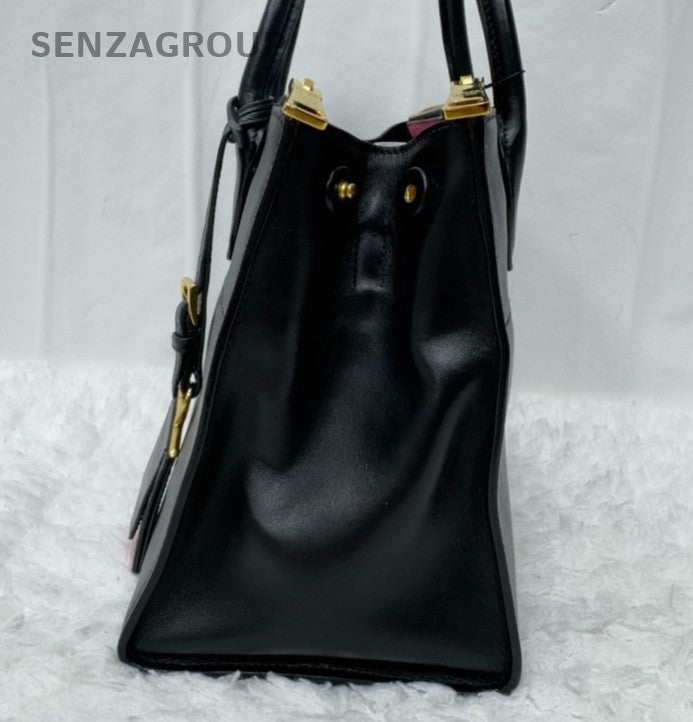 Prada Galleria PM Top Handle Bag Black Gold Used Women Classic