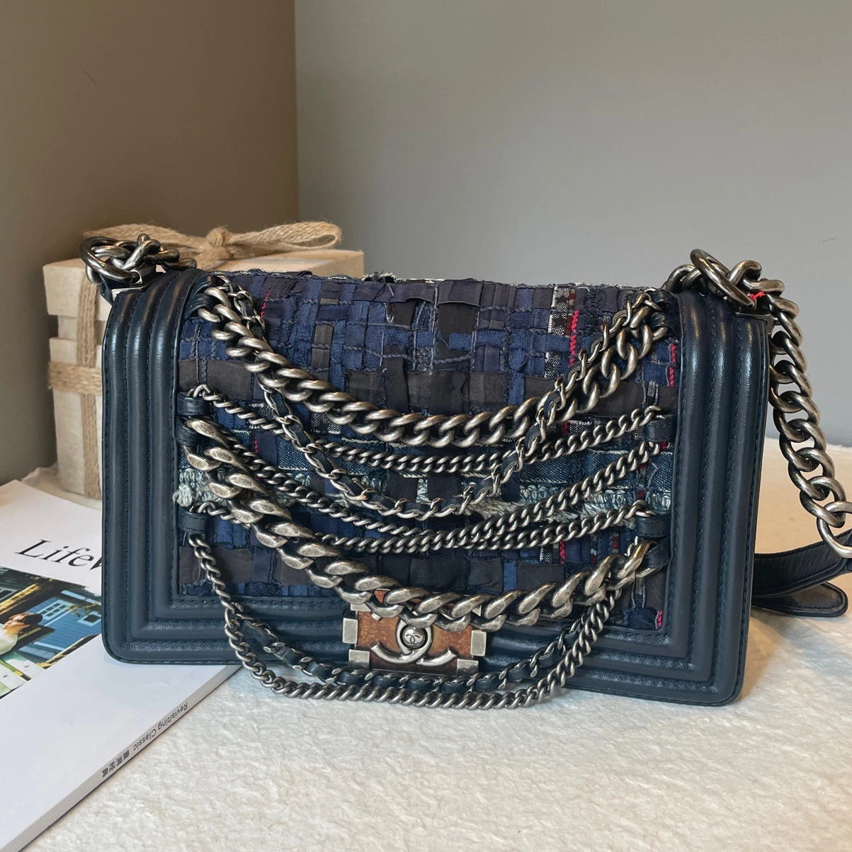 Chanel Leboy Chain Shoulder Bag Crossbody Blue Silver Women Classic Fashion