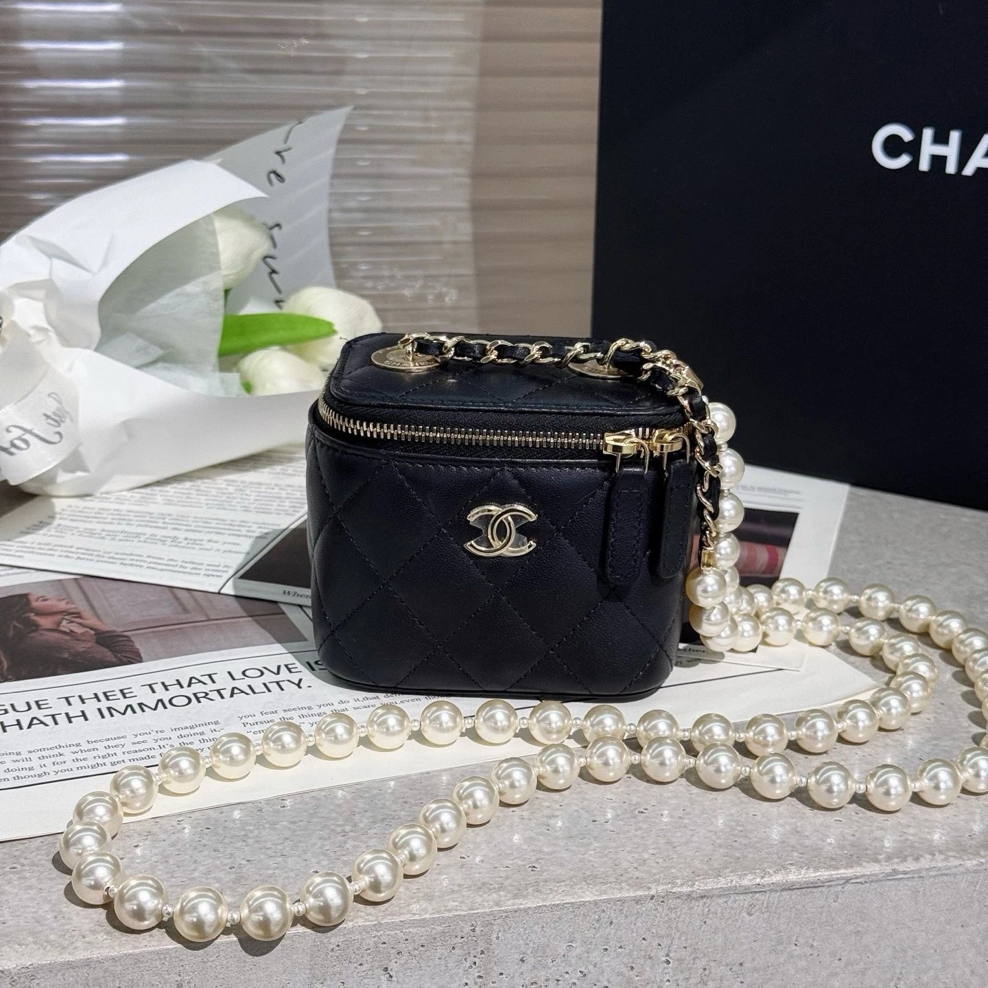 CHANEL Pearl Chain Box Makeup Clutch Crossbody Bag For Women