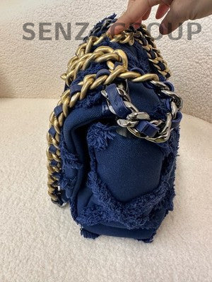 Chanel 19 Bag Maxi Fringe Chain Shoulder Bag Blue Gold Women's
