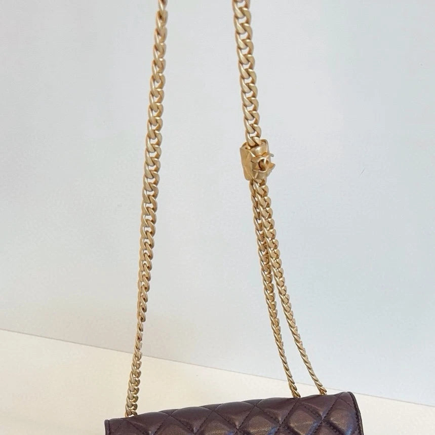 Chanel WOC Chain Shoulder Bag Crossbody Brown Gold Diamond Classic Women
