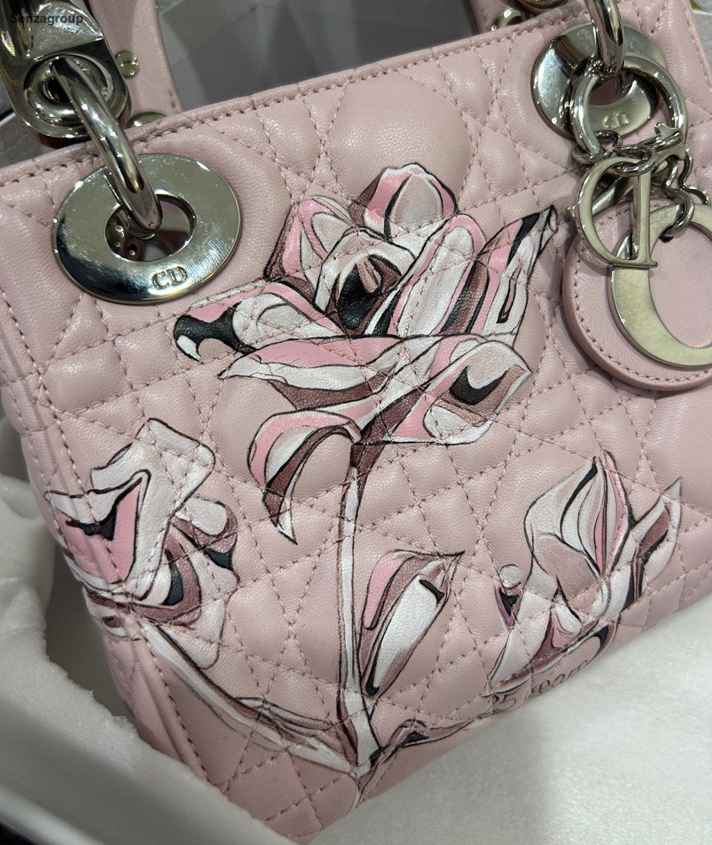 Christian Dior Lady Dior 2Way Top Handle Crossbody Pink Silver Women Classic
