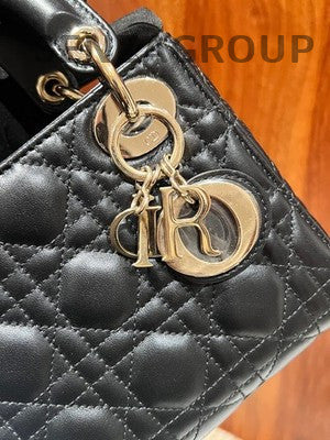 Dior Lady Dior Black Gold Cannage Handbag Classic Fashion