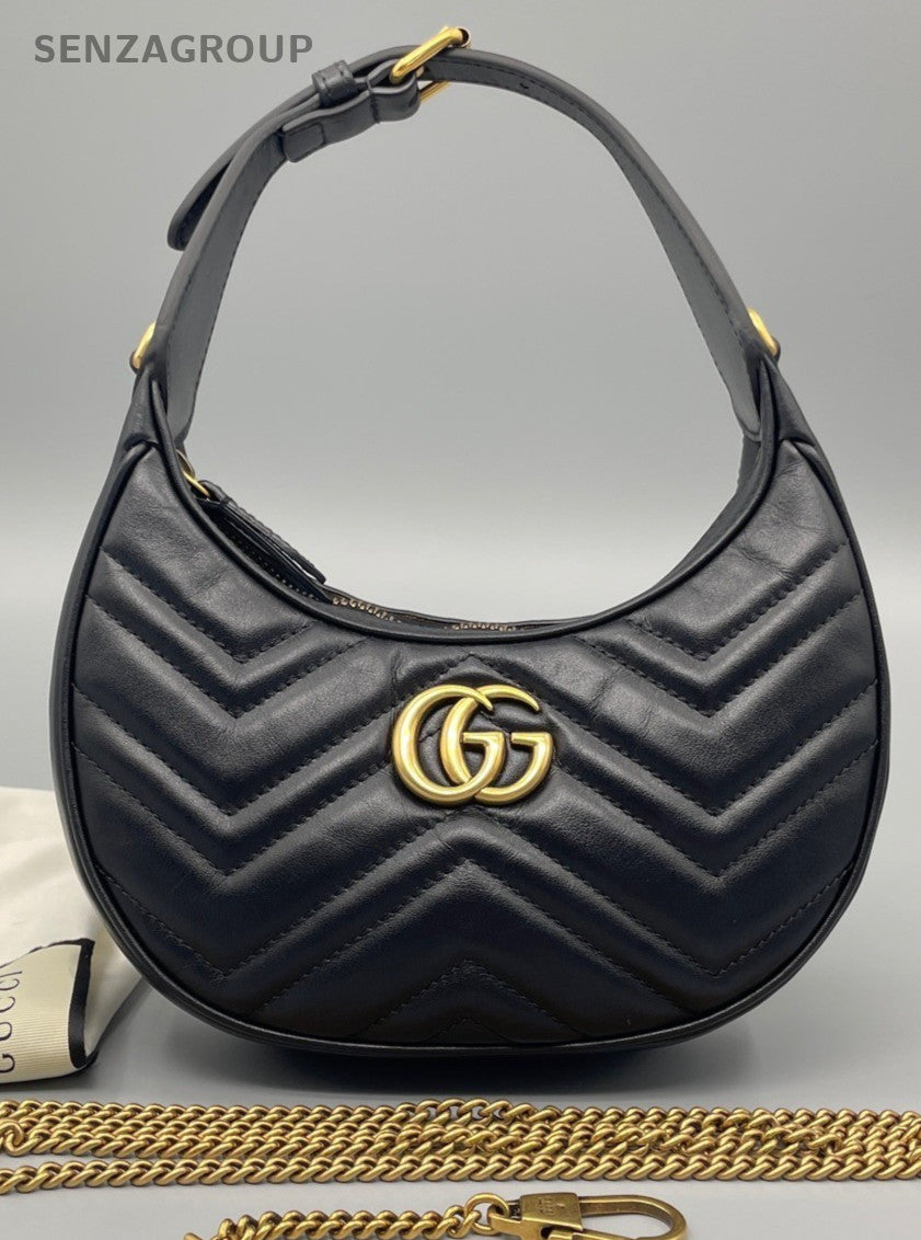 Gucci Marmont Chain Shoulder Bag Black Gold Used Women Designer Classic
