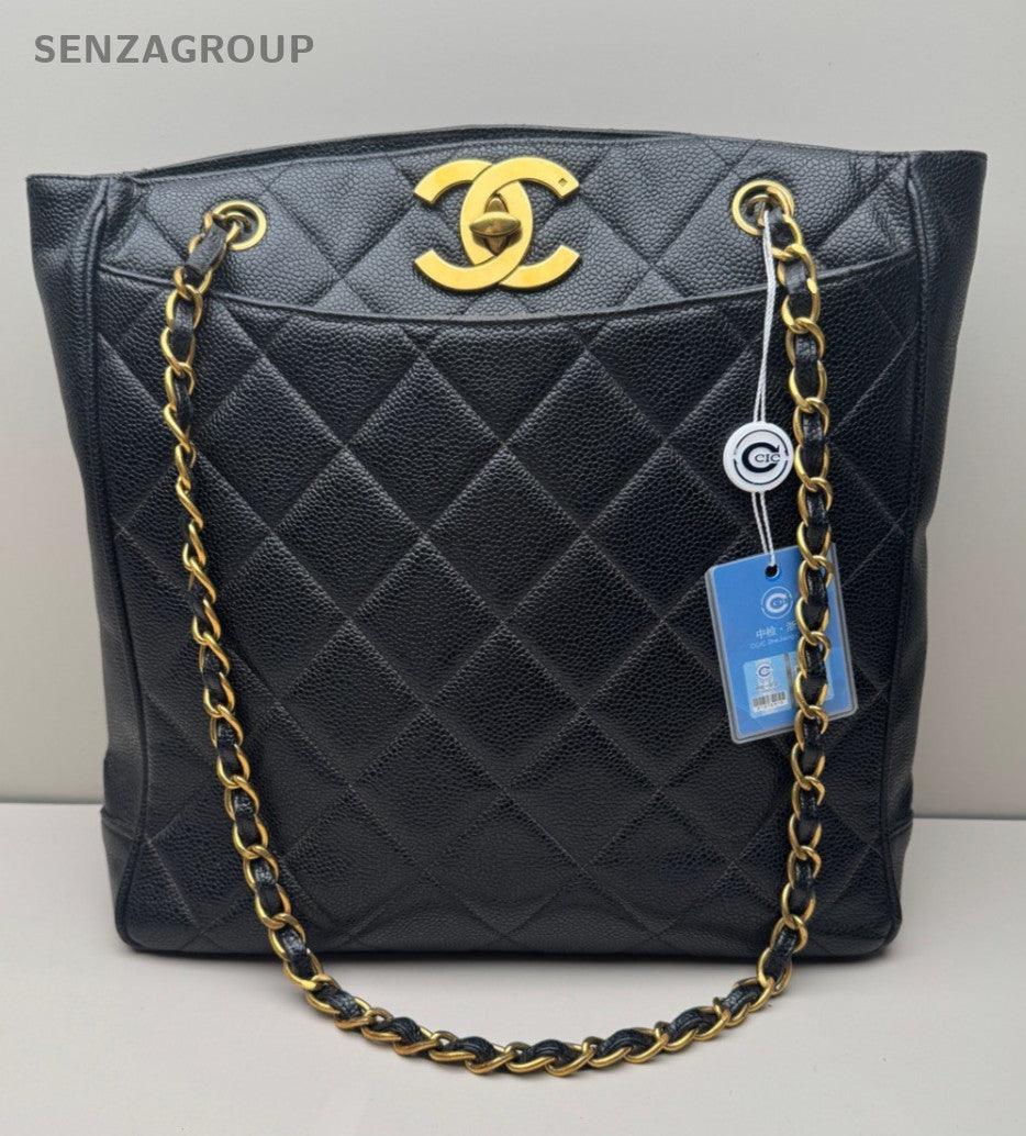 CHANEL Vintage Tote Diamond Pattern Chain Shoulder bag Black Gold Women