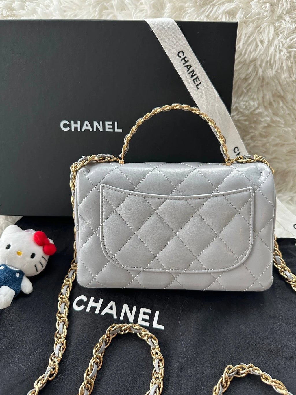 Authentic CHANEL Grey Lambskin Square CF Bag For Women
