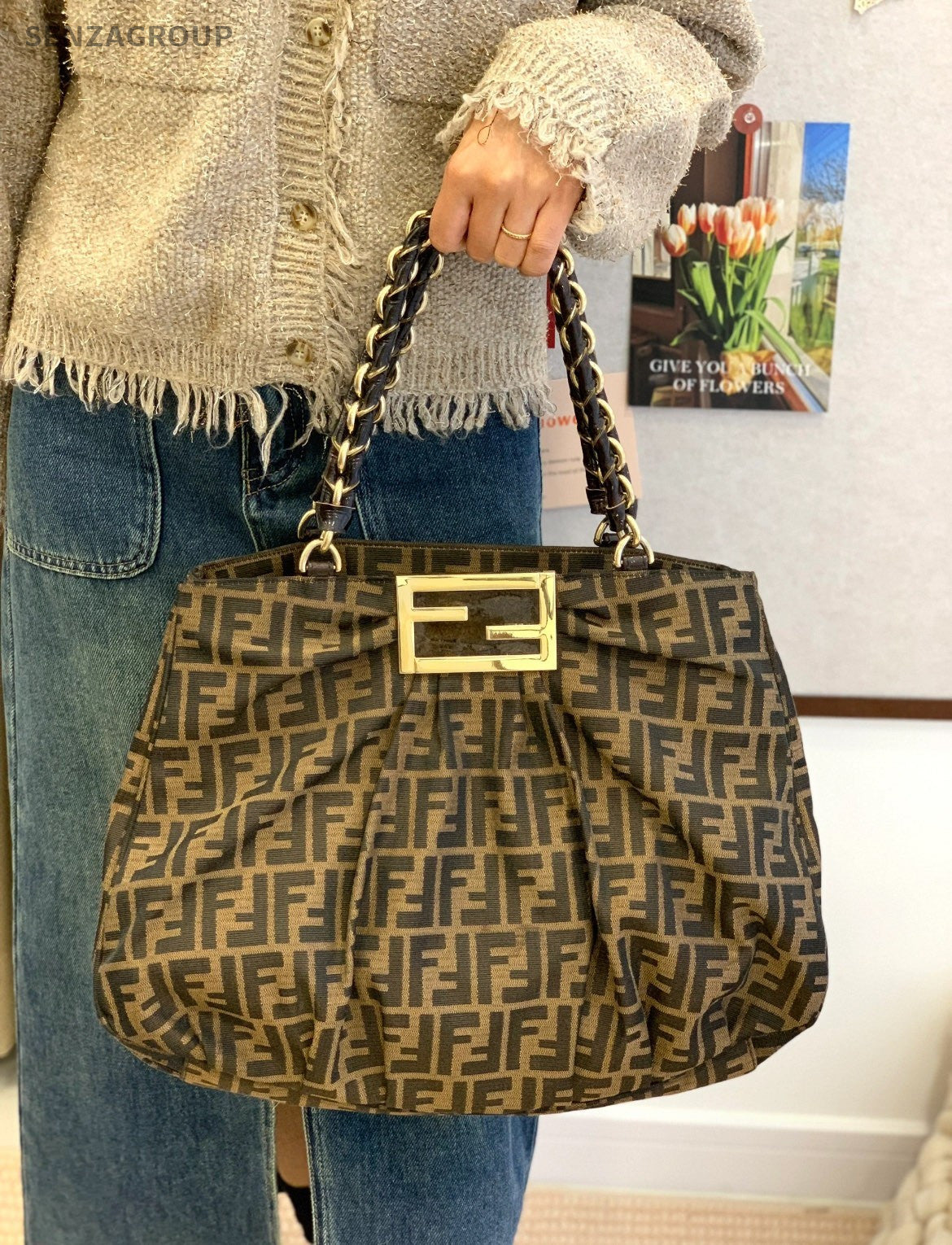 Fendi Classic Monogram Logo tote Shoulder bag Brown Women