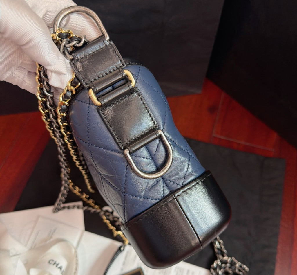 Chanel Gabrielle PM Chain Shoulder Bag Crossbody Blue Gold Women Classic Diamond