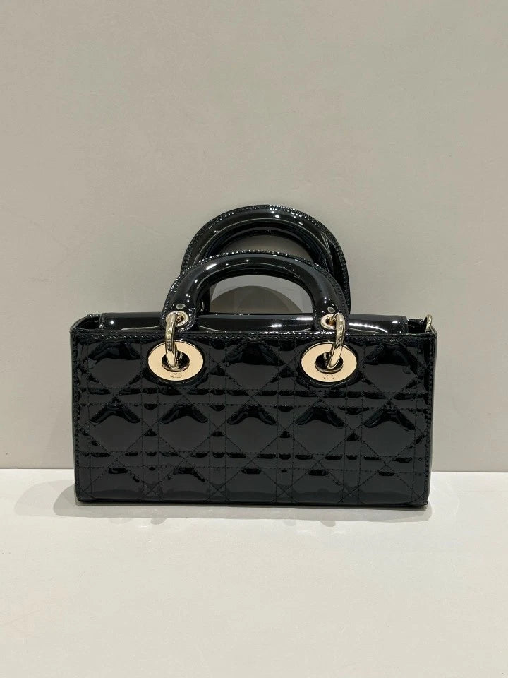 Dior D-Joy Small Black Gold Patent Leather Top Handle Bag For Women