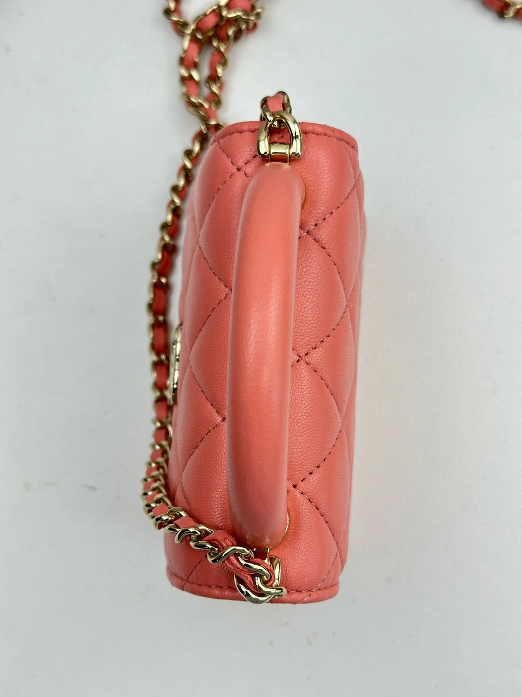Excellent Chanel Diamond Gold Chain Pink Top Handle Crossbody Chip Version
