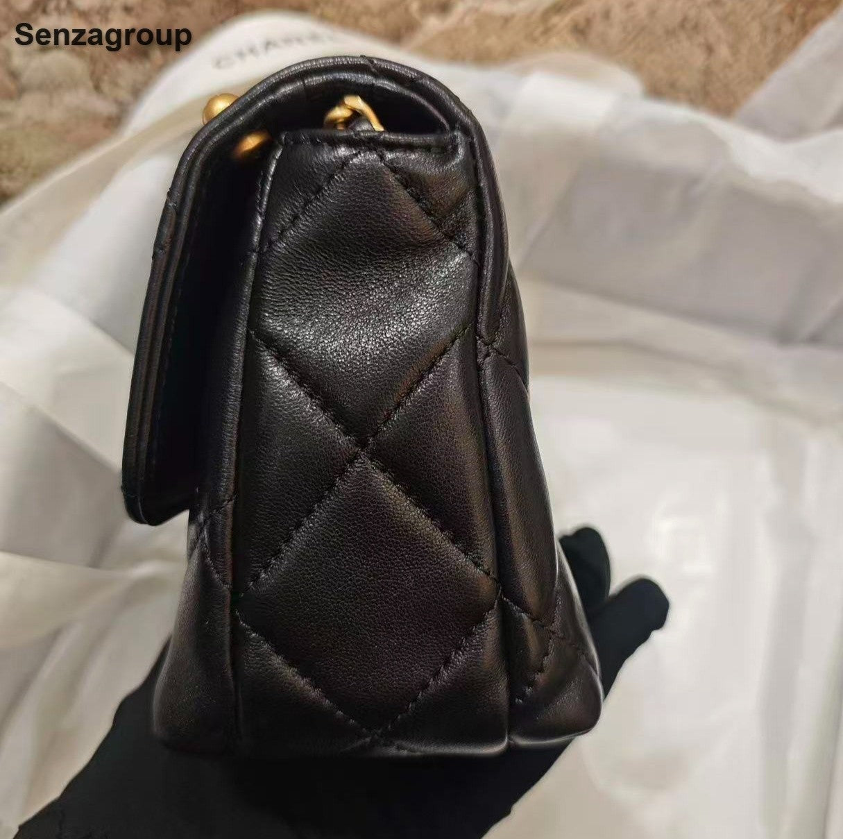 Brand New Chanel 24A Pearl Chain Shoulder Bag Black Gold Women Chip Version