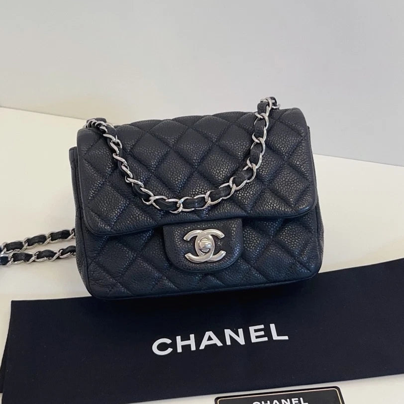 Chanel Classic Flap Chain Shoulder Crossbody Black Silver Women Diamond
