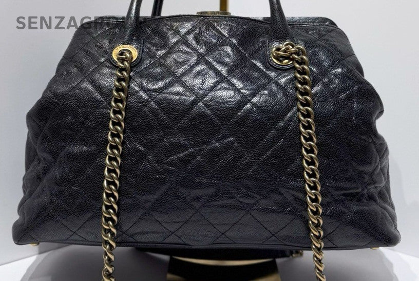 Chanel Calfskin Tote Handbag Chain Shoulder Bag Black Red Women Classic
