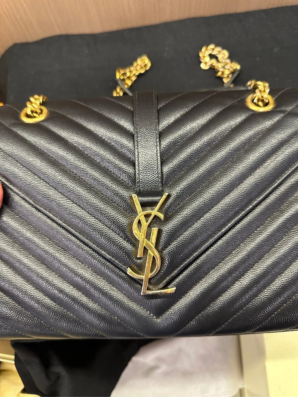 YSL Black Gold Medium Calfskin Envelope Shoulder Bag For Women