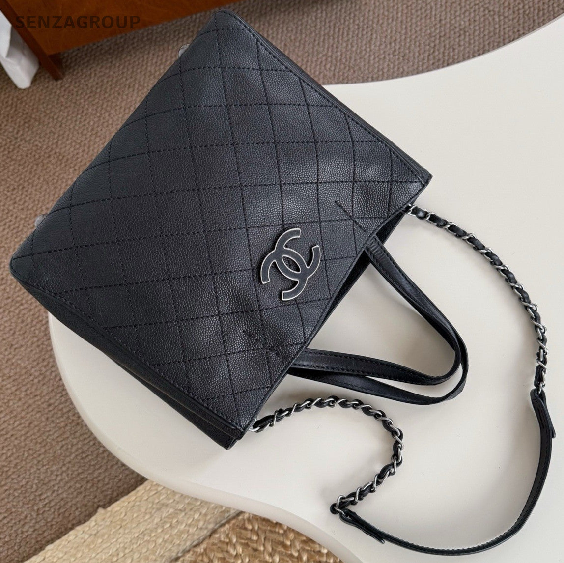 Chanel Diamond Chain Calfskin Tote Handbag Shoulder Bag Black Silver Women