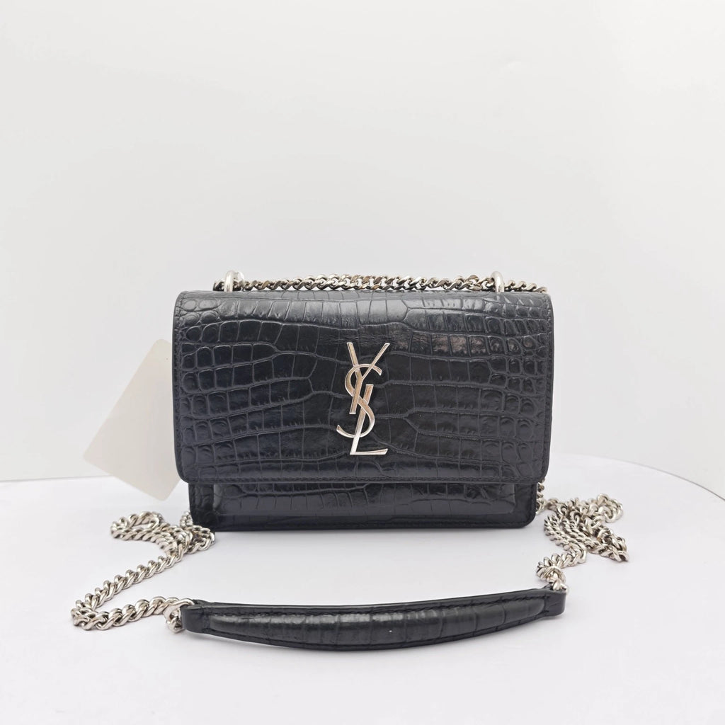 YSL Black Crocodile Embossed Mini Shoulder Crossbody Bag For Women