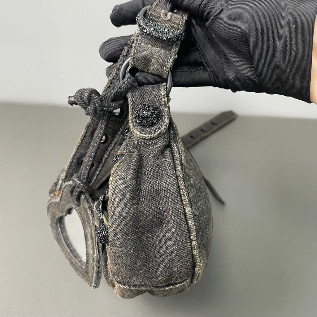 Balenciaga Lecagole XS Denim Motorcycle Bag With Rhinestone Women