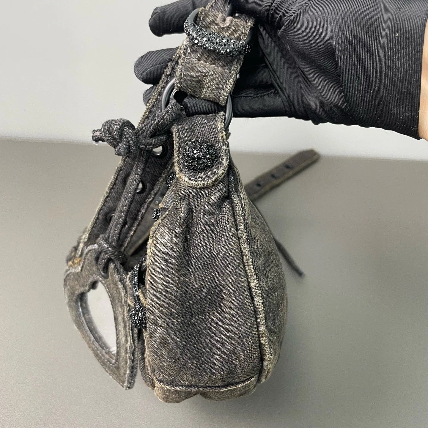 Balenciaga Lecagole XS Denim Motorcycle Bag With Rhinestone Women