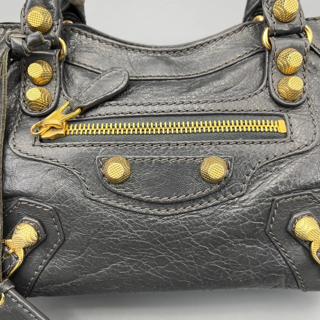 Balenciaga City Bag Mini Tote Top Handle Crossbody Bag Gray Gold Hardware Women