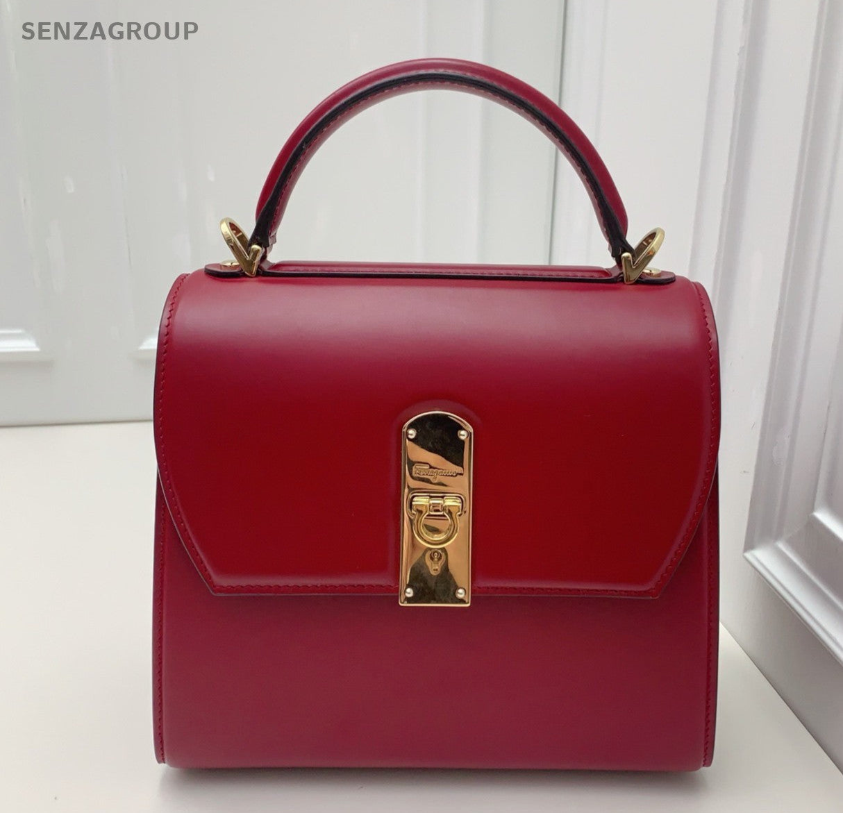 Salvatore Ferragamo Boxyz 2Way Top Handle Bag Crossbody Red Gold Women Classic