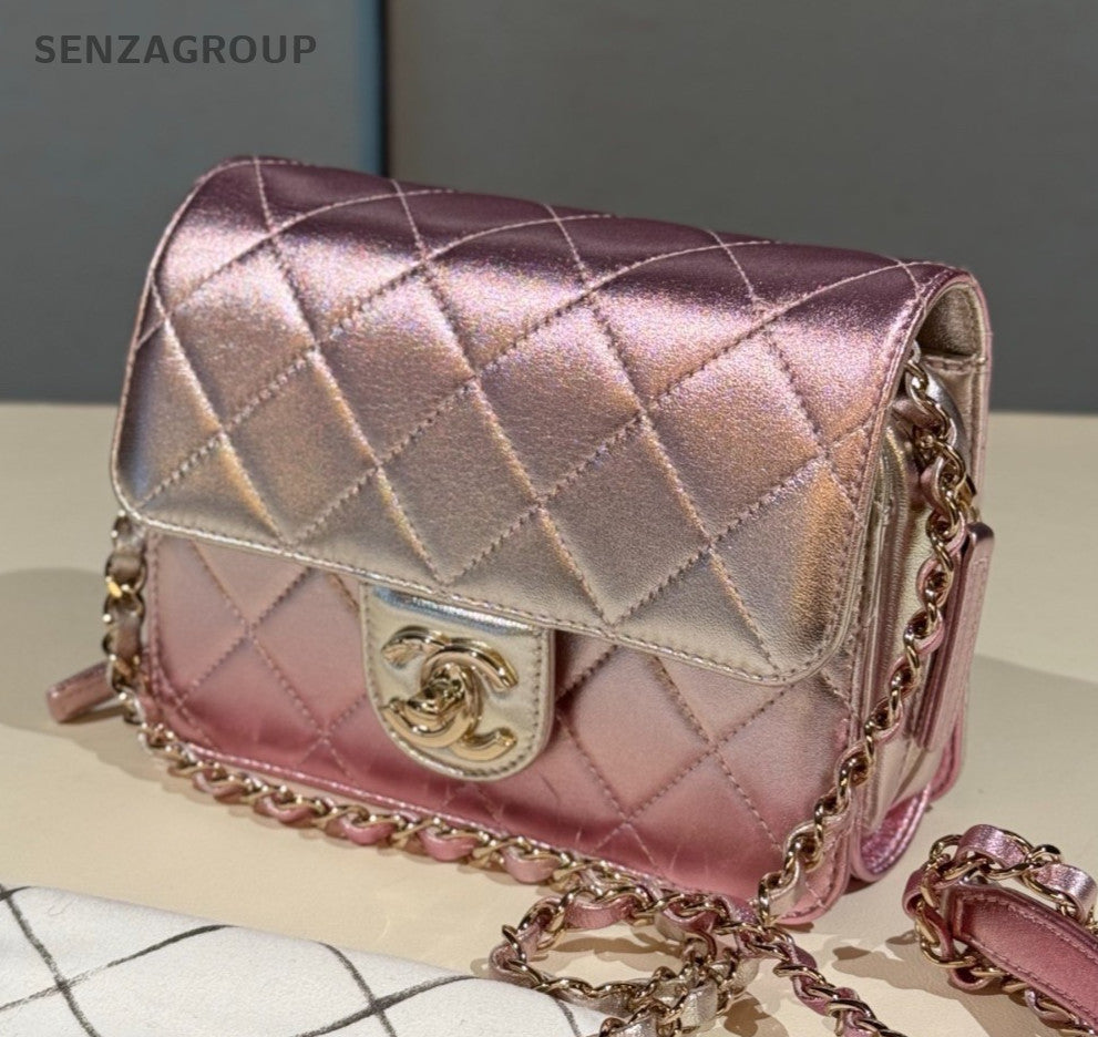 Chanel Classic Flap Mermaid Pink Silver Gradient Chain Shoulder Crossbody Women