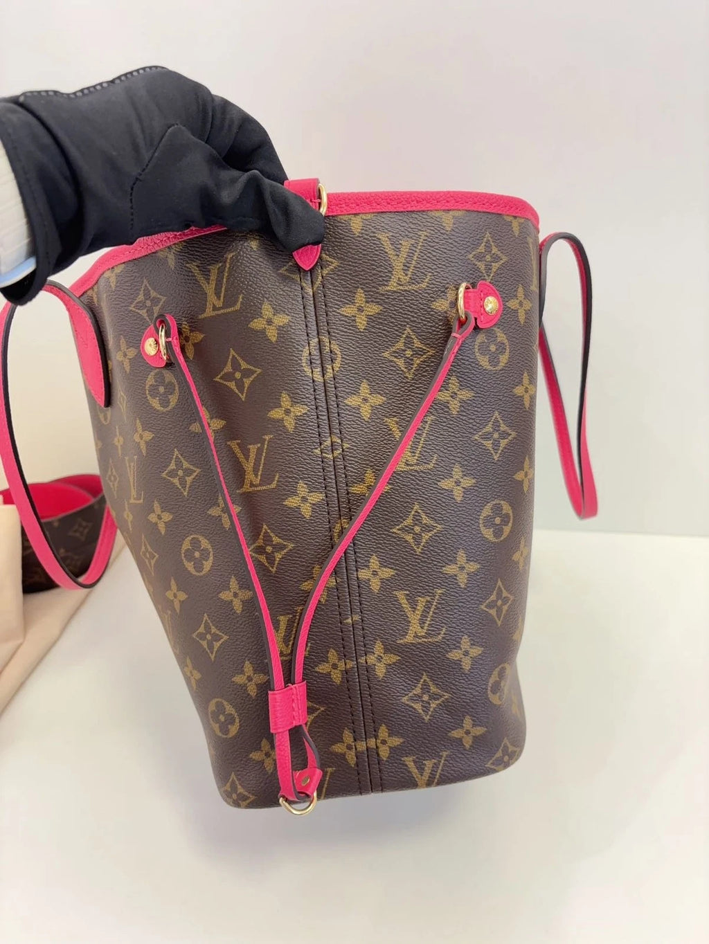 Louis Vuitton Neverfull MM Tote Shoulder Bag Monogram Canvas Brown Pink Women