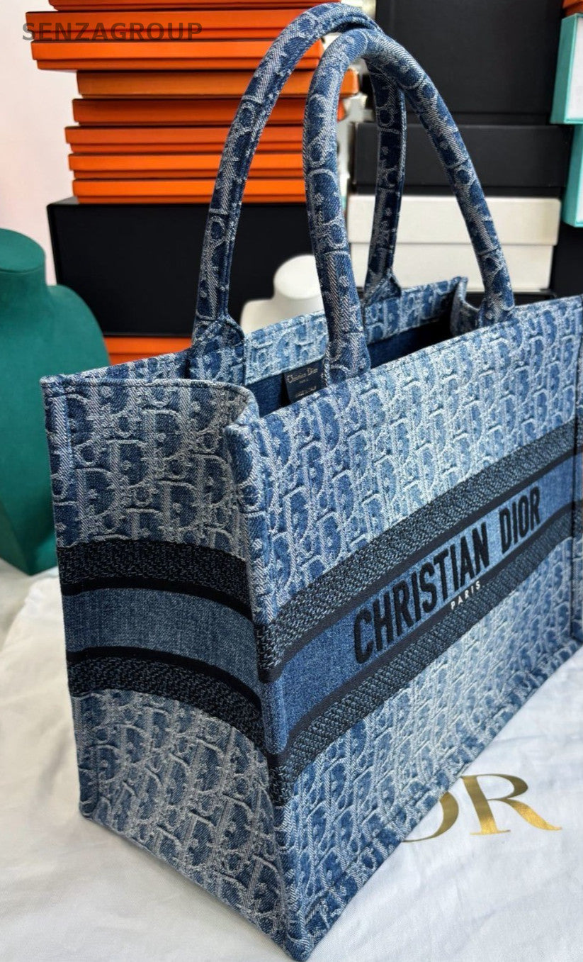 Christian Dior Book Tote MM Denim Oblique Top Handle Shoulder Bag Women Blue