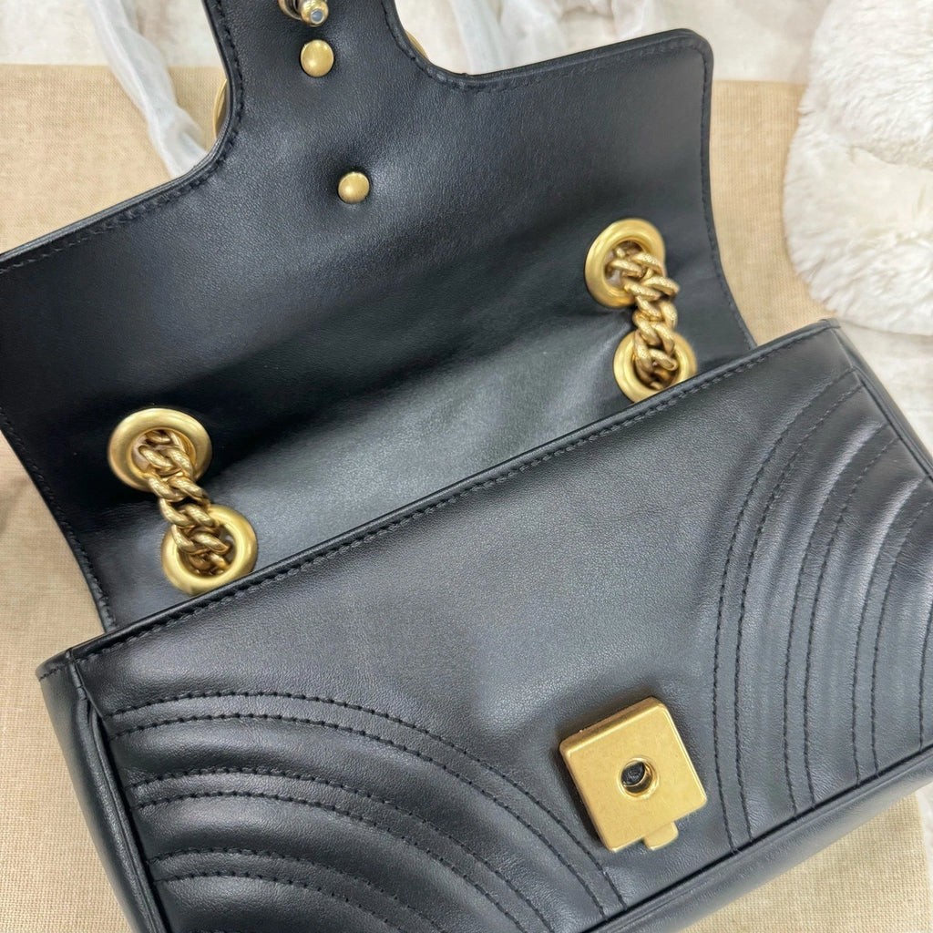 Gucci Calfskin Marmont 22 Black Gold Shoulder Bag For Women