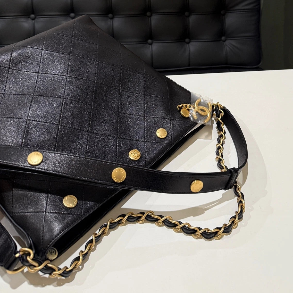 Chanel Coin Bucket Quilted Chain Shoulder Crossbody Bag Black Gold