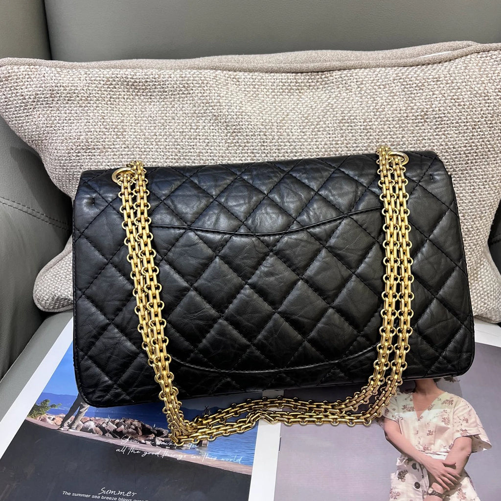 Chanel 2.55 MM Calfskin Chain Shoulder Bag Black Gold Diamond Women Classic