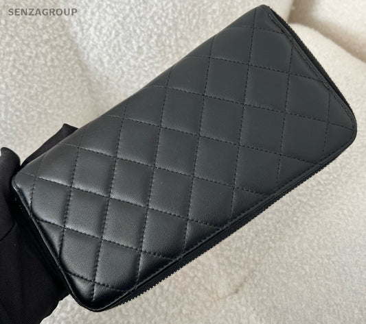 Chanel Diamond Lambskin Clutch Wallet Black Silver Women Classic