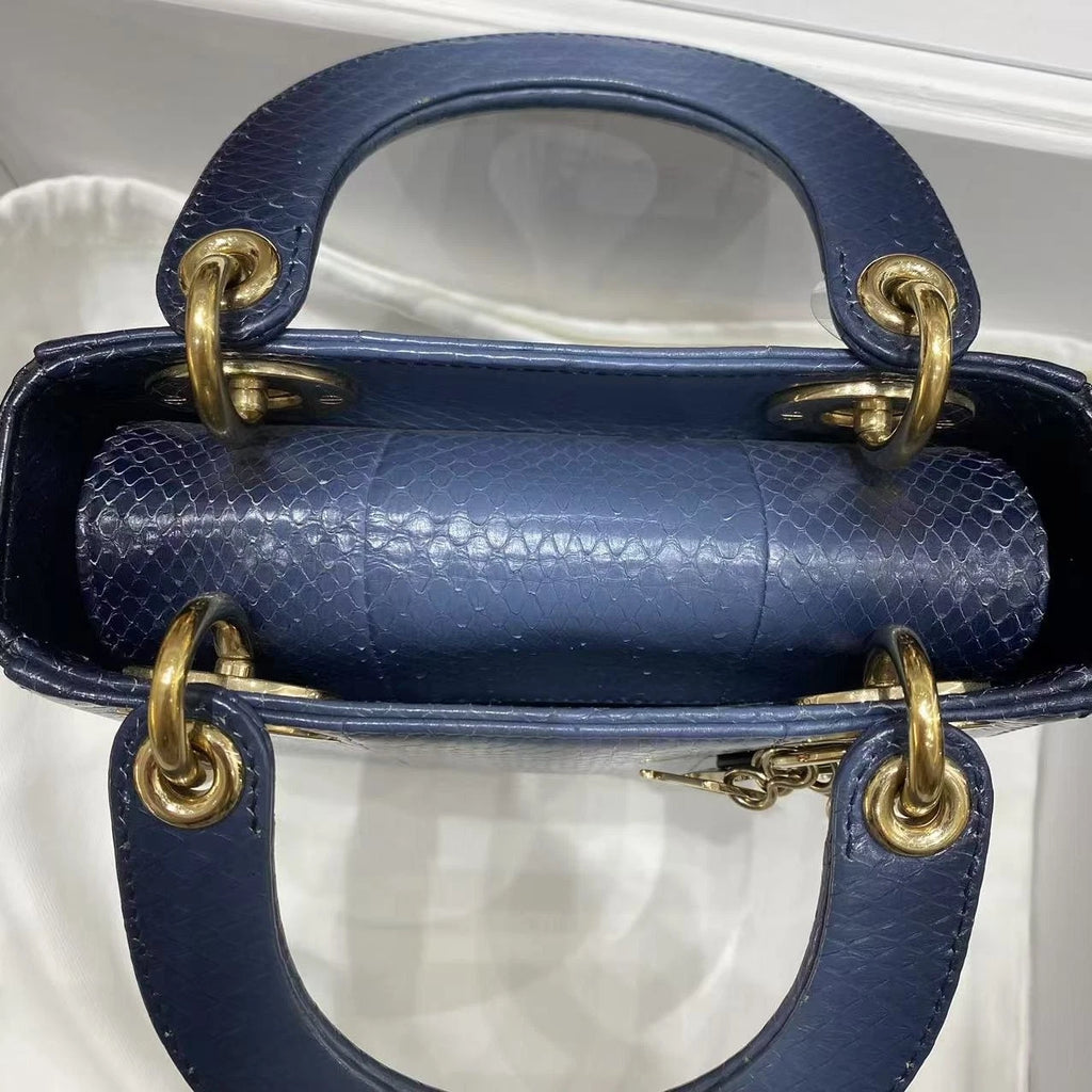 Dior Women Blue Gold Leather Lady Dior Top Handle Bag