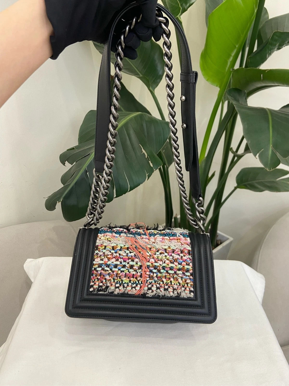 Chanel Tweed Leather Small LeBoy Shoulder Bag For Women