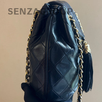 Chanel Vintage Black Gold Lambskin Bucket Bag Chain Crossbody