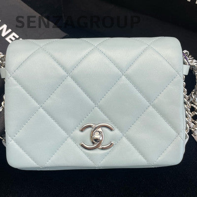 Chanel 22P Waterfall Chain Tofu Bag Blue Silver Hardware Shoulder Crossbody