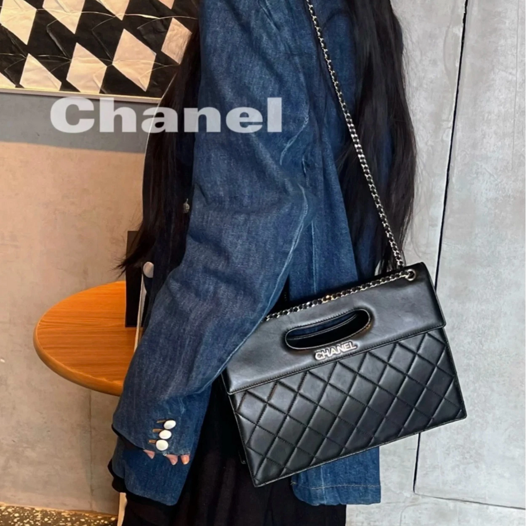 Chanel Diamond Chain Satchel Top Handle Shoulder Bag Black Silver Women Classic