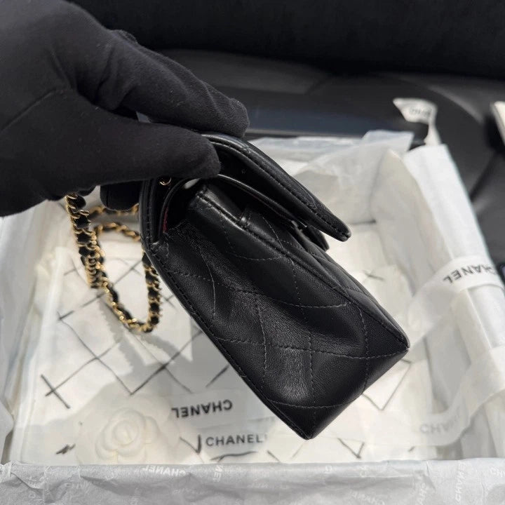 Chanel Classic Flap PM Lambskin Chain Shoulder Bag Black Gold Hardware Women D