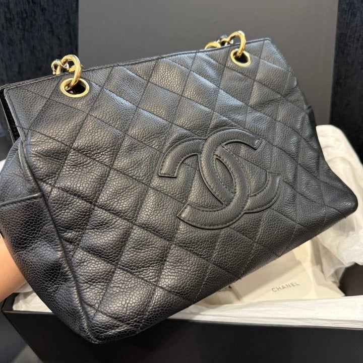 Chanel Calfskin Tote Chain Diamond Shoulder Bag Black Gold Women Classic D