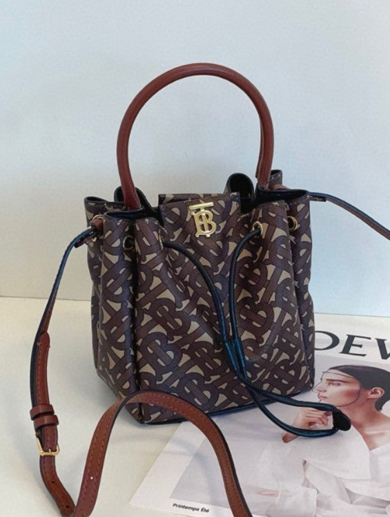 Burberry Top Handle Bucket Drawstring 2way Shoulder Handbag Monogram Women