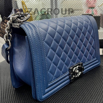 Chanel Le Boy Medium Blue Silver Calfskin Chain Shoulder Bag Classic