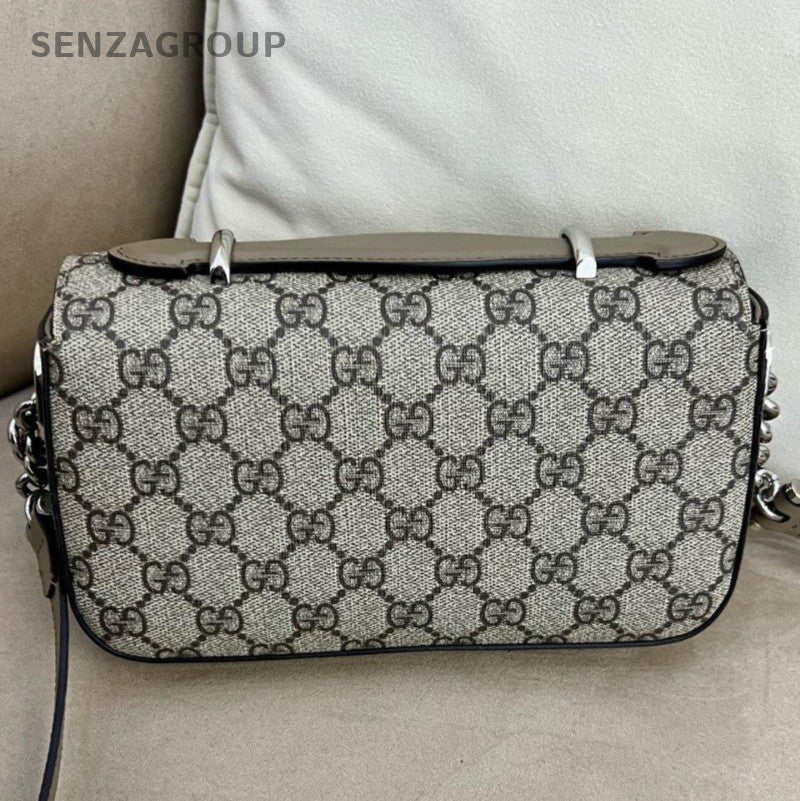 Gucci GG Supreme 2Way Shoulder Bag Crossbody Brown Silver Women Classic