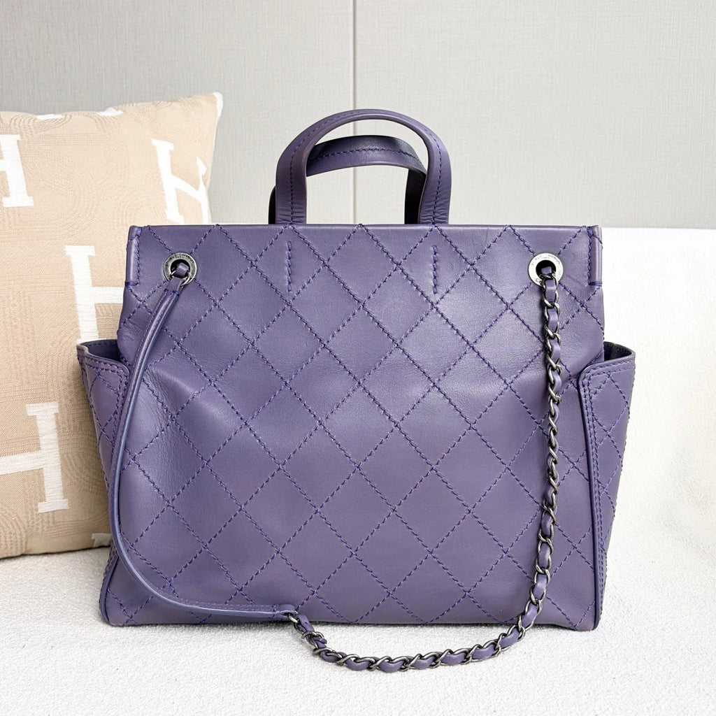 Chanel Diamond Calfskin Tote Chain Top Handle Shoulder Bag Purple Silver Women