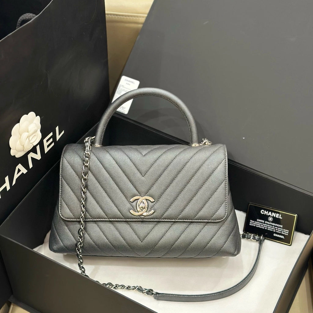 CHANEL Gray Caviar Leather Medium Coco Handle Bag For Women
