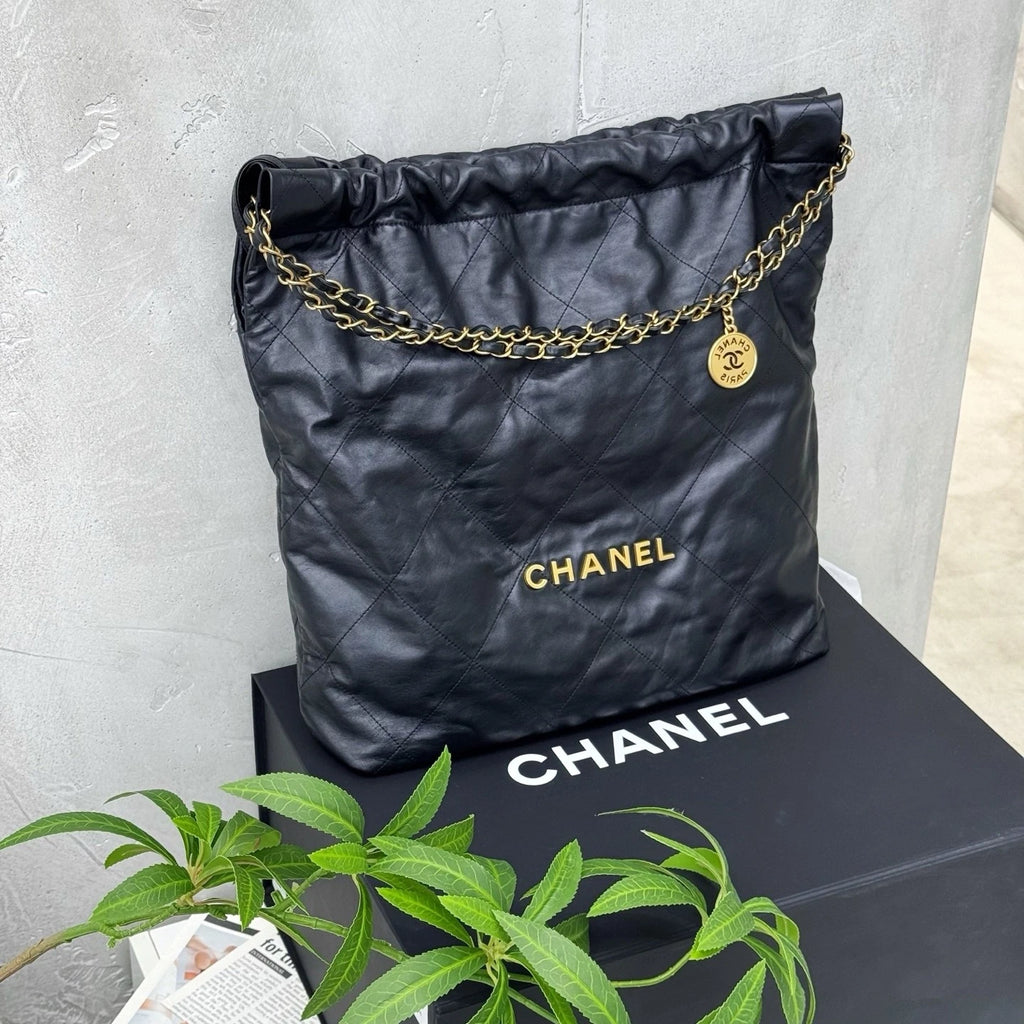 CHANEL 22Bag Black Gold Large Tote Shoulder Bag For Women